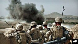 United States Marines from Bravo Company of the 1st Battalion of the 2nd Marines watch the explosion after calling in an air strike during a gunbattle as part of an operation to clear the area of insurgents near Musa Qaleh, in northern Helmand Province, s