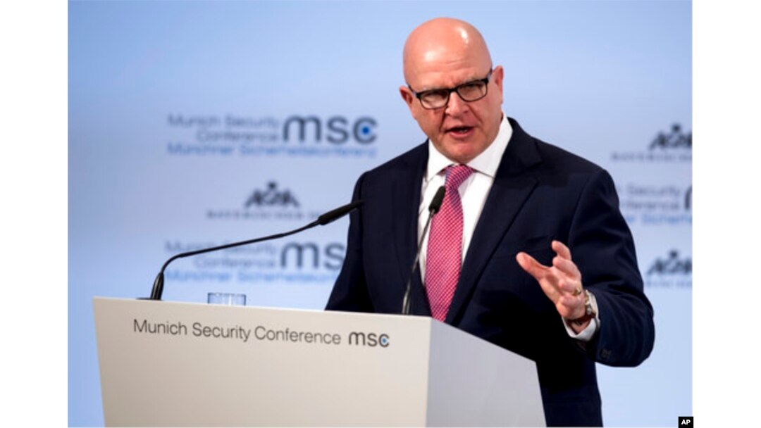 FILE - H.R. McMaster, U.S. National Security Adviser, speaks at the Security Conference in Munich, Germany, Feb. 17, 2018.