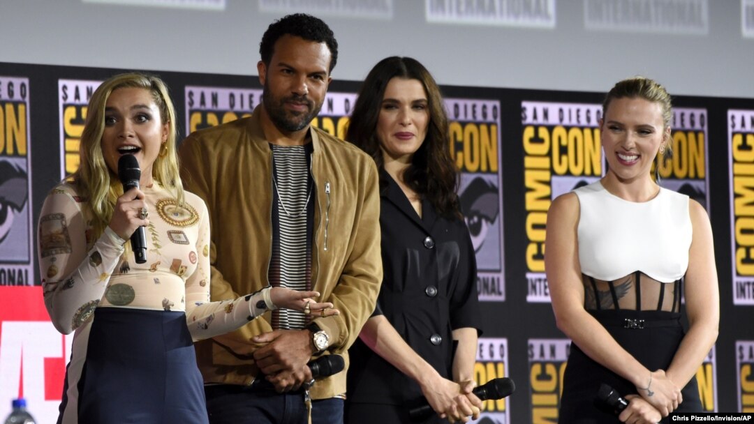 FILE - From left, Florence Pugh, O.T. Fagbenle, Rachel Weisz and Scarlett Johansson participate during the "Black Widow" portion of the Marvel Studios panel on day three of Comic-Con International, July 20, 2019, in San Diego.