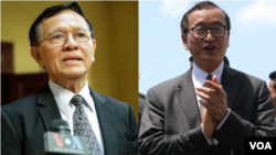Kem Sokha (trái) và Sam Rainy, lãnh đạo của Đảng Cứu Quốc Campuchia (CNRP), đã bị chính quyền Hun Sen giải tán (VOA)