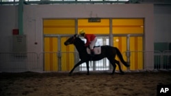 FILE - A Chinese jockey rides a horse at an equestrian and horse industry show in Beijing.