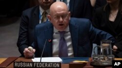 (FILE) Vasily Nebenzya, Ambassador and Permanent Representative of Russia to the United Nations, speaks during a Security Council meeting at United Nations headquarters.