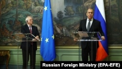 EU foreign policy chief Josep Borrell and Russian Foreign Minister Sergei Lavrov hold a joint news conference in Moscow, February 5, 2021. (EPA-EFE/Russian Foreign Ministry)