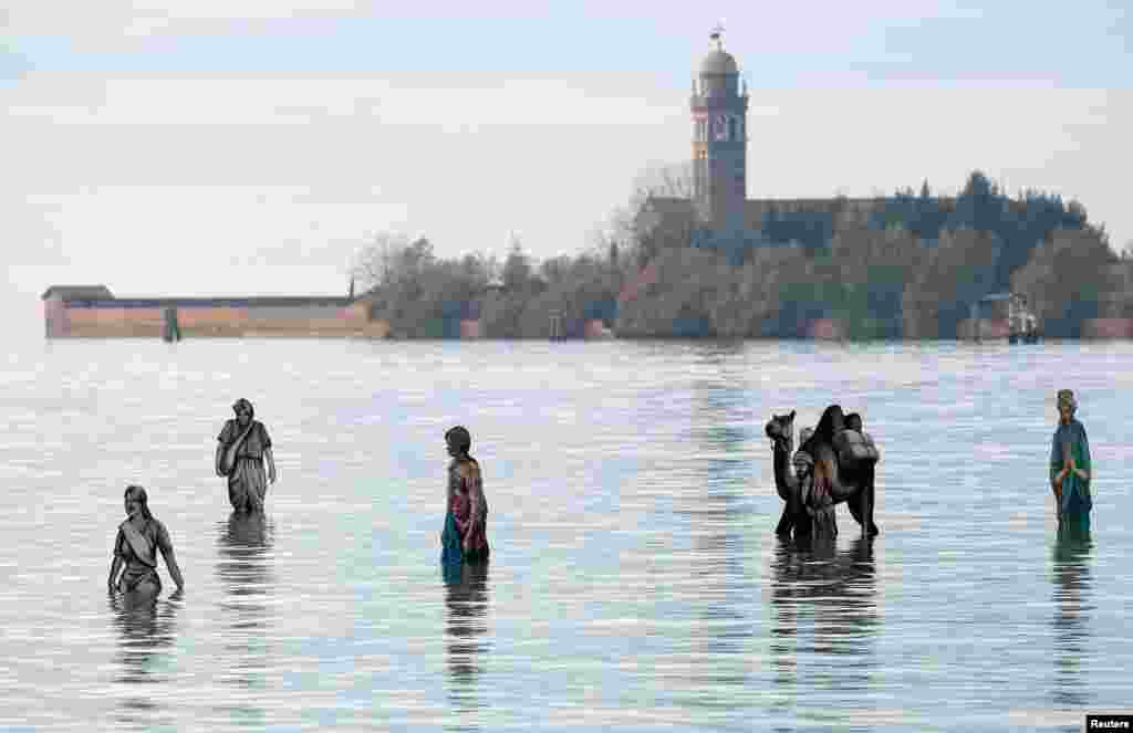 A nativity scene display designed by local greengrocer Francesco Orazio is seen over the water surface of Venice&#39;s lagoon by Burano island, ahead of Christmas, in Venice, Italy.