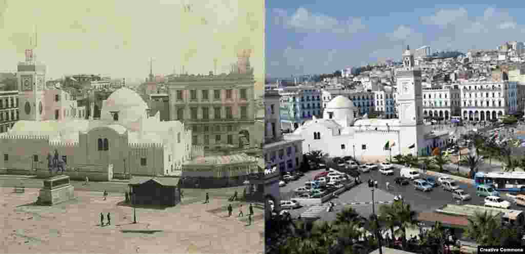 Jamaa el-Jedid (The New Mosque), Algiers, Algeria, built 1097 under Sultan Ali ibn Yusuf (L) ca. 1860-1900, Library of Congress (R) Photo dated 18 June 2008. Creative Commons/Ludovic Courtès.