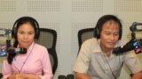 Mr. Chea Mony, president of the Free Trade Union in Cambodia and Ms. Ngak Savoeun, a representative of garment workers in F.Y Factory, join a discussion on the impact of the Asean Economic Integration on Cambodia’s garment industry during VOA Khmer’s “Asean Corner” (Hello VOA) radio call-in show on Thursday, July 2, 2015 in Phnom Penh. (Lim Sothy/VOA Khmer) 