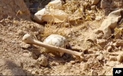 Bones lie on the ground in an area recently retaken from the Islamic State group, at an abandoned base near the northern town of Hawija, Iraq, Nov. 11, 2017.