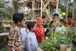 Para santri laki laki pada kelas sore, setelah mengaji, bersama belajar dengan Nissa Wargadipura di Kebun Vertikultur Pesantren Kebon Sawah. (Foto : Salwaa Khanza/pesantrenekologi.blogspot.com)