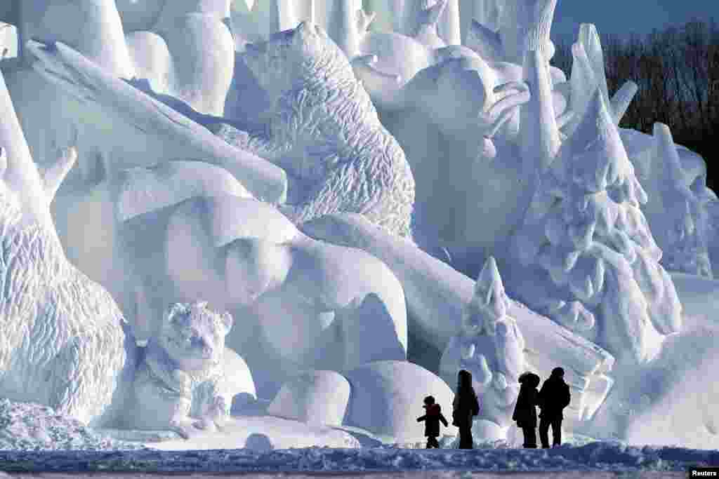 ہاربن میں ہونے والے مجسمہ سازی کے مقابلے کو &#39;ہاربن انٹرنیشنل آئس اسکلپچر فیسٹیول&#39; کا نام دیا گیا ہے۔ زیرِ نظر تصویر میں ماہر فن کاروں نے کسی جنگل کا منظر پیش کرنے کی کوشش کی ہے جو مکمل طور پر برف سے ڈھکا ہوا ہے۔ برفیلے درختوں کے ساتھ پانڈا کے مجسمے بھی بنائے گئے ہیں۔