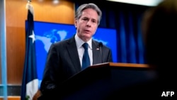 U.S. Secretary of State Antony Blinken speaks in the briefing room of the State Department in Washington, Jan. 7, 2022.