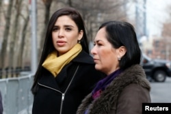 FILE - Wife of Joaquin "El Chapo" Guzman, Emma Coronel, exits following his court appearance at the Brooklyn Federal Courthouse in the Brooklyn borough of New York City, Feb. 3, 2017.