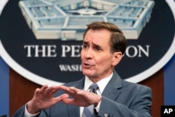 Pentagon spokesman John Kirby speaks during a media briefing at the Pentagon, Dec. 20, 2021.