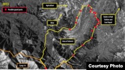 A satellite image of Ch’oma-Bong valley, North Korea, shows possible guard posts around Camp 14. (Digital Globe 2013)