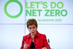 Scotland's First Minister Nicola Sturgeon delivers a keynote speech during a visit to the University of Strathclyde, Glasgow, ahead of the United Nations COP26 climate conference, Oct. 25, 2021