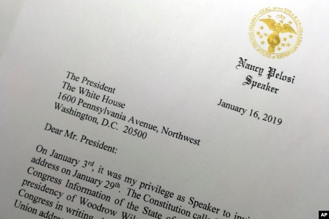 A portion of a letter sent to President Donald Trump from House Speaker Nancy Pelosi, Jan. 16, 2019 in Washington, asking President Trump to postpone his State of the Union address to the nation, set for Jan. 29, until the government reopens.