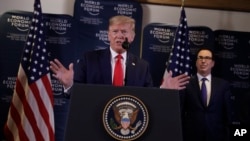 US President Donald Trump speaks during a news conference at the World Economic Forum in Davos, Switzerland, Jan. 22, 2020. 