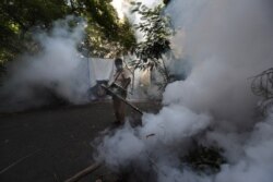 Seorang pegawai Mumbai Municipal Corp. menyemprot jalan di Mumbai, India, 10 Juni 2020, untuk mencegah wabah demam berdarah. (Foto: Reuters)