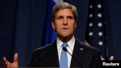 Secretary of State John Kerry delivers his opening remarks to the media before a meeting with Russian Foreign Minister Lavrov