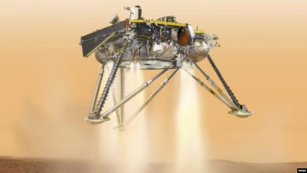 This is an illustration showing a simulated view of NASA's InSight lander about to land on the surface of Mars. This view shows the underside of the spacecraft. (NASA/JPL-Caltech)