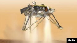 This is an illustration showing a simulated view of NASA's InSight lander about to land on the surface of Mars. This view shows the underside of the spacecraft. (NASA/JPL-Caltech)