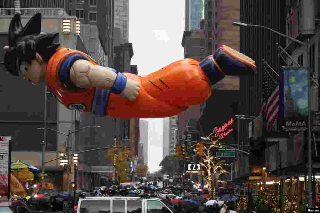 Goku balloon flies during the Macy&#39;s Thanksgiving Day Parade in New York City, Nov. 28, 2024.