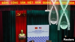 U.S. Defense Secretary Mark Esper speaks at the Diplomatic Academy of Vietnam in Hanoi, Vietnam November 20, 2019. The banner on the ceiling reads "Long live the glorious Vietnam Communist Party". 