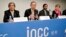 From left, Minister of State for Envionment of Peru Manuel Pulgar-Vidal, UN Sec. General Ban Ki-moon, Chairman of the IPCC Rajendra K. Pachauri and Secretary of the IPCC Renata Christ, present a report by the UN climate panel, Nov. 2. 2014, in Copenhagen.