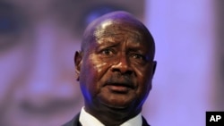 FILE - In this July 11, 2012 photo, Ugandan President Yoweri Museveni speaks during the London Summit on Family Planning organized by the UK Government and the Bill & Melinda Gates Foundation with the United Nations Population Fund, in central London. 