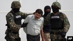 Joaquin "El Chapo" Guzman is escorted to a helicopter in handcuffs by Mexican navy marines at a navy hanger in Mexico City, Mexico, Saturday, Feb. 22, 2014.