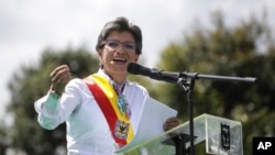 Bogota's new Mayor Claudia Lopez addresses the crowd during her inauguration ceremony in Simon Bolivar Park in Bogota, Colombia, Jan. 1, 2020. 