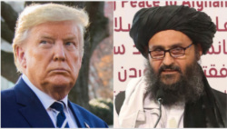 From left, U.S. President Donald Trump and Taliban Deputy Chief Mullah Abdul Ghani Baradar.