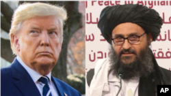 Kombinasi foto Presiden AS Donald Trump dan Wakil Kepala Taliban Mullah Abdul Ghani Baradar.