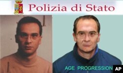 A composite picture showing a computer generated image released by tihe Italian Police, right, and a picture of Mafia top boss Matteo Messina Denaro. Italian police say Monday, Jan. 16, 2023.