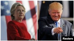 Democratic presidential nominee Hillary Clinton speaks at a campaign rally in Pittsburgh, Pennsylvania, and Republican presidential nominee Donald Trump gestures as he arrives for a campaign rally in Raleigh, North Carolina, Nov. 7, 2016.