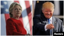 Kandida prezidansyèl Hillary Clinton, demokrat ( agoch) ak kandida prezidansyèl Donald Trump, repibliken ( adwat). 7 Nov. 2016.
