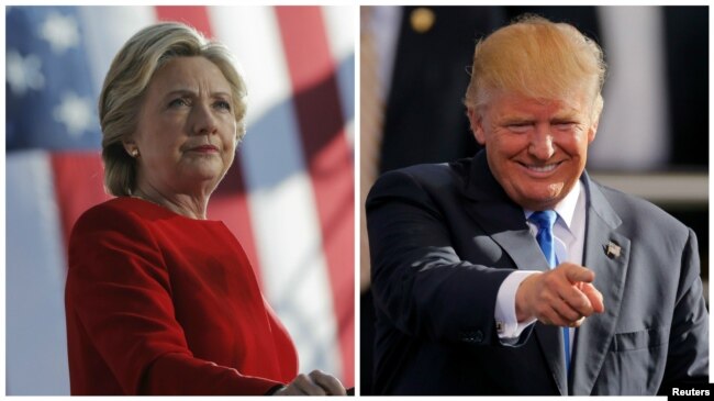Democratic presidential nominee Hillary Clinton speaks at a campaign rally in Pittsburgh, Pennsylvania, and Republican presidential nominee Donald Trump gestures as he arrives for a campaign rally in Raleigh, North Carolina, Nov. 7, 2016.