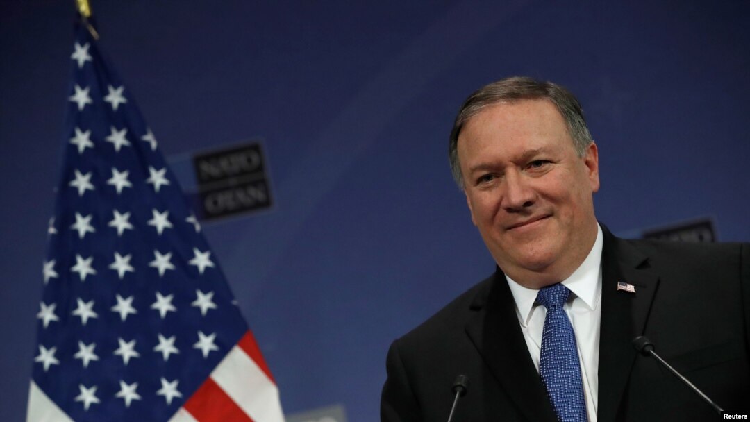 Menteri Luar Negeri Amerika, Mike Pompeo di markas besar aliansi NATO, Brussels, Belgia, 27 April 2018. 