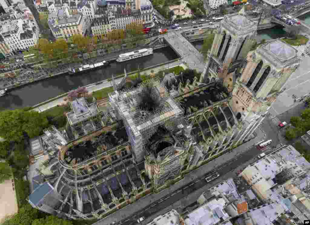 An image made available by Gigarama.ru on April 17, 2019 shows an aerial shot of the fire damage to Notre Dame Cathedral in Paris, France.