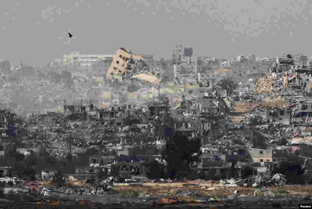 Buildings lie in ruin in Beit Hanoun in the Gaza Strip, amid the ongoing conflict between Israel and Hamas, as seen from southern Israel.