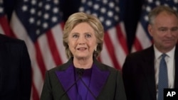 FILE - Democratic presidential candidate Hillary Clinton concedes her loss to Republican Donald Trump in the presidential election in a speech in New York, Nov. 9, 2016.