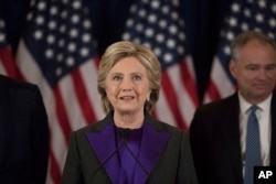 Democratic presidential candidate Hillary Clinton speaks in New York, Nov. 9, 2016.