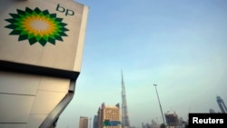 The British Petroleum logo is seen near a gas station in Dubai, United Arab Emirates, in this July 7, 2010, file photo.