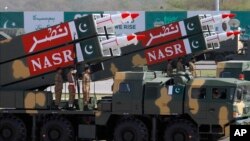 Pakistani-made NASR missiles are on display during a military parade to mark Pakistan's Republic Day, in Islamabad, March 23, 2017. 