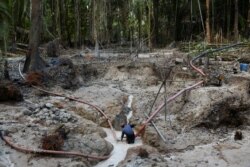 Seorang penambang di tambang emas ilegal, kawasan pelestarian lingkungan di hutan hujan Amazon, Itaituba, negara bagian Para, Brazil, 3 September 2021. Gambar diambil 3 September 2021. (REUTERS/Lucas Landau)