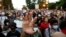 Demonstrators protest, Friday, June 5, 2020, near the White House in Washington, over the death of George Floyd, a black man who was in police custody in Minneapolis. 
