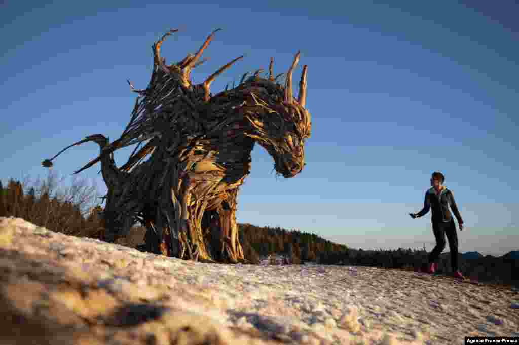 A woman walks near the &quot;Vaia Dragon&quot;, a sculpture made by Italian artist Marco Martalar in Lavarone near Trento, Italy, Dec. 13, 2021.