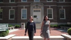 Marvi Ali and her sister Zara exiting their high school in Wilmington, Delaware. (E. Sarai/VOA)