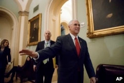 Vice President Mike Pence arrives on Capitol Hill in Washington for a Senate Republican strategy session, March 14, 2017. On March 15, Pence sought to rally support among House Republicans for the party's health care overhaul.