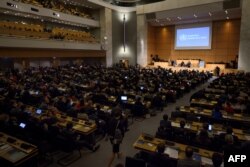 A picture taken on May 21, 2018 in Geneva shows a general view during the World Health Organization (WHO) Assembly, an annual meeting with health representatives to discuss a range of global health issues.