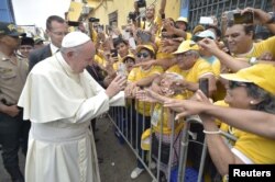 Pope Francis arrives to visit the College Carlos and Marcelo in Trujillo, Peru, Jan. 20, 2018.